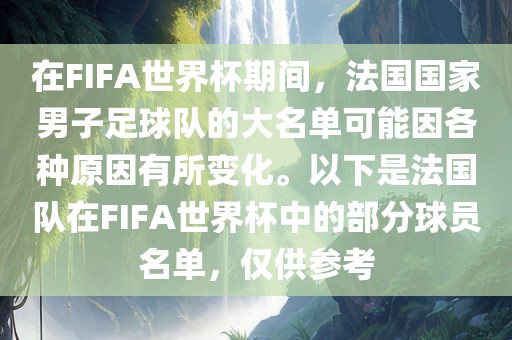 在FIFA世界杯期间，法国国家男子足球队的大名单可能因各种原因有所变化。以下是法国队在FIFA世界杯中的部分球员名单，仅供参考