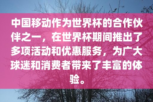 中国移动作为世界杯的合作伙伴之一，在世界杯期洛阳市法福文化传播有限公司间推出了多项活动和优惠服务，为广大球迷和消费者带来了丰富的体验。
