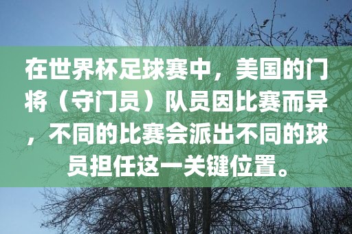在世界杯足球赛中，美国的门将（守门员）队员因比赛而异，不同的比赛会派出不同的球员担任这一关键位置。