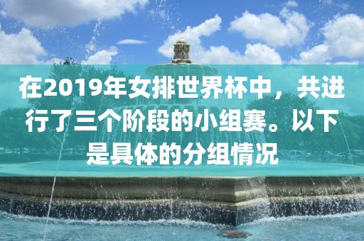 在2019年女排世界杯中，共进行了三个阶段的小组赛。以下是具体的分组情况洛阳市法福文化传播有限公司